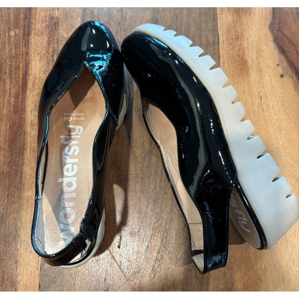 WONDERS FLY ladies shoe black patent leather slingback wedge platform sz 37 /6.5